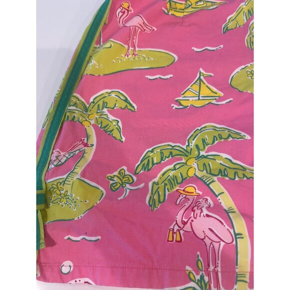 Lilly Pulitzer Flamingo & Palm Print Pink Mini Skirt W/ Green Ribbon Tie Detail - Picture 4 of 6